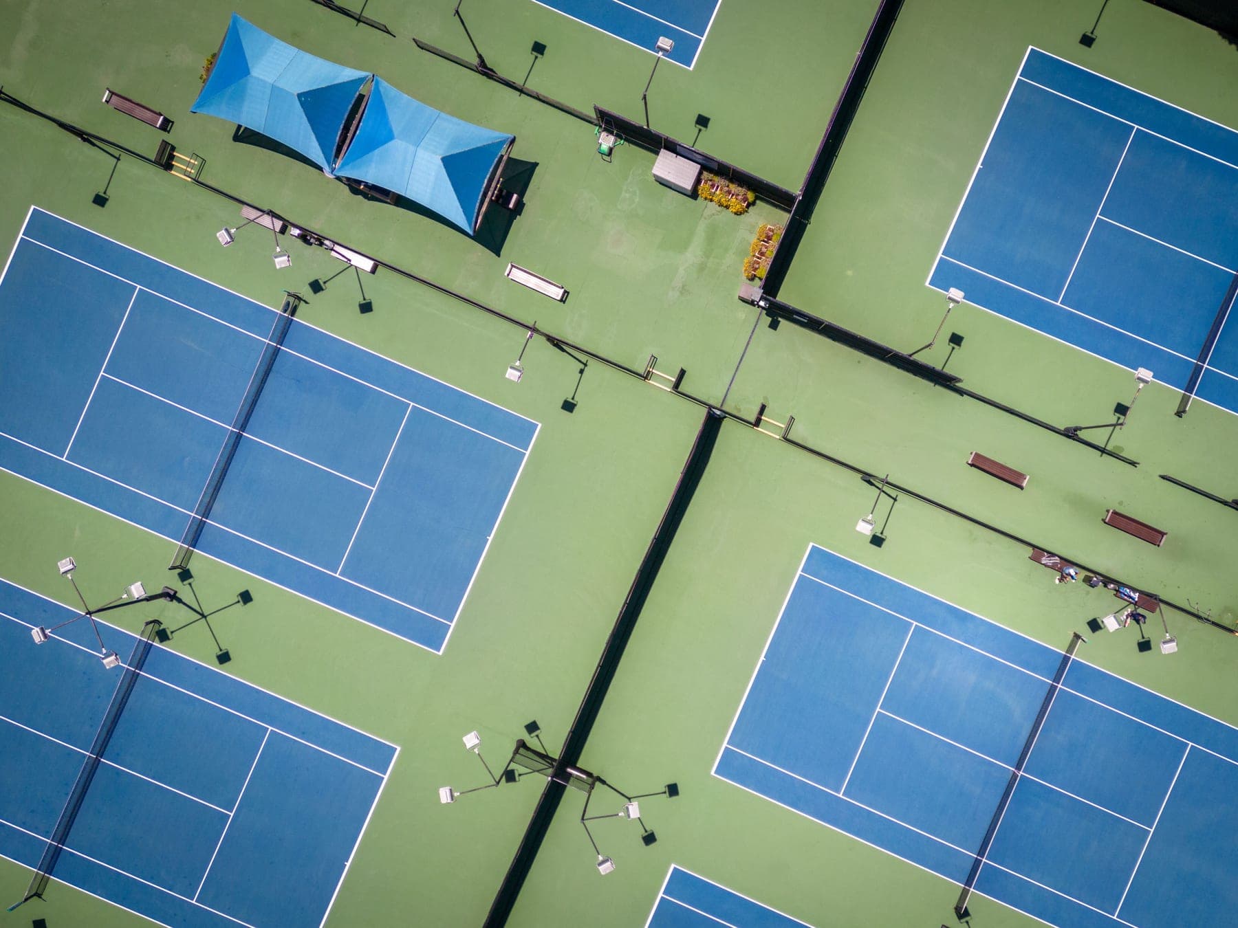 Racquet sport equipment laid out for comparison on a court surface