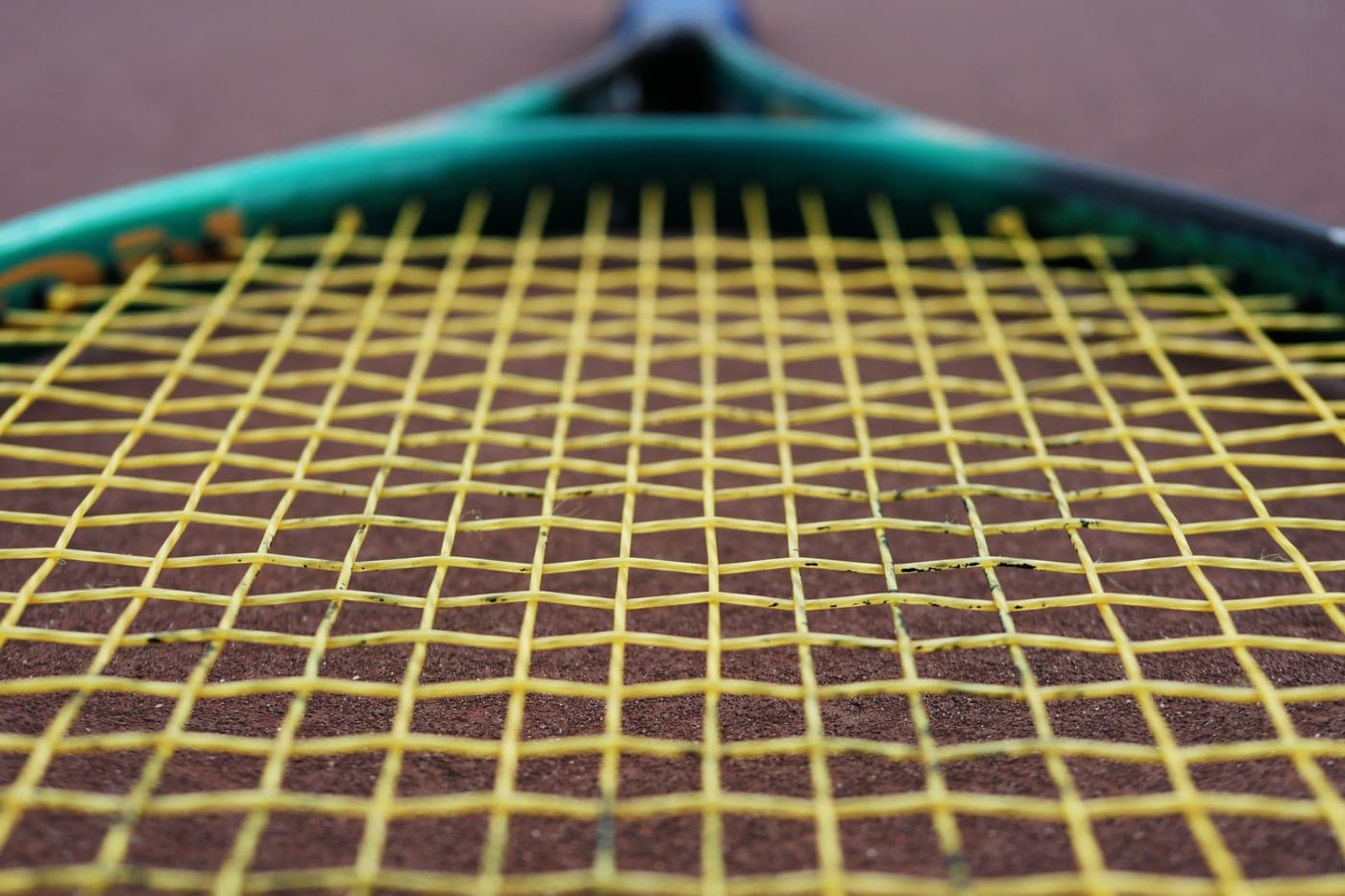 Macro detail showing the thickness of tennis string